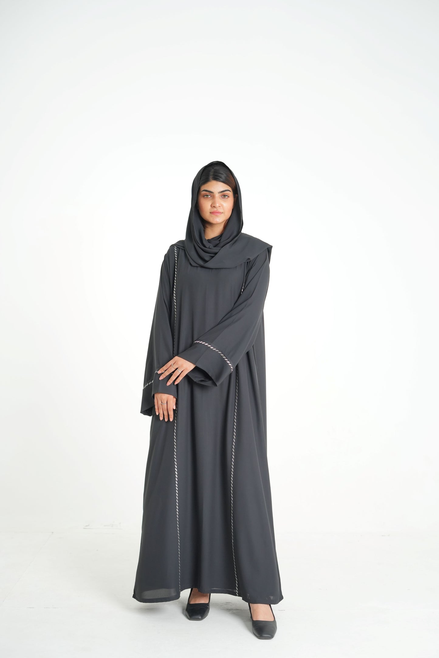 Noir Grace – Black Embroidered Abaya with Scarf (Korean Silk Georgette 2PC Set)