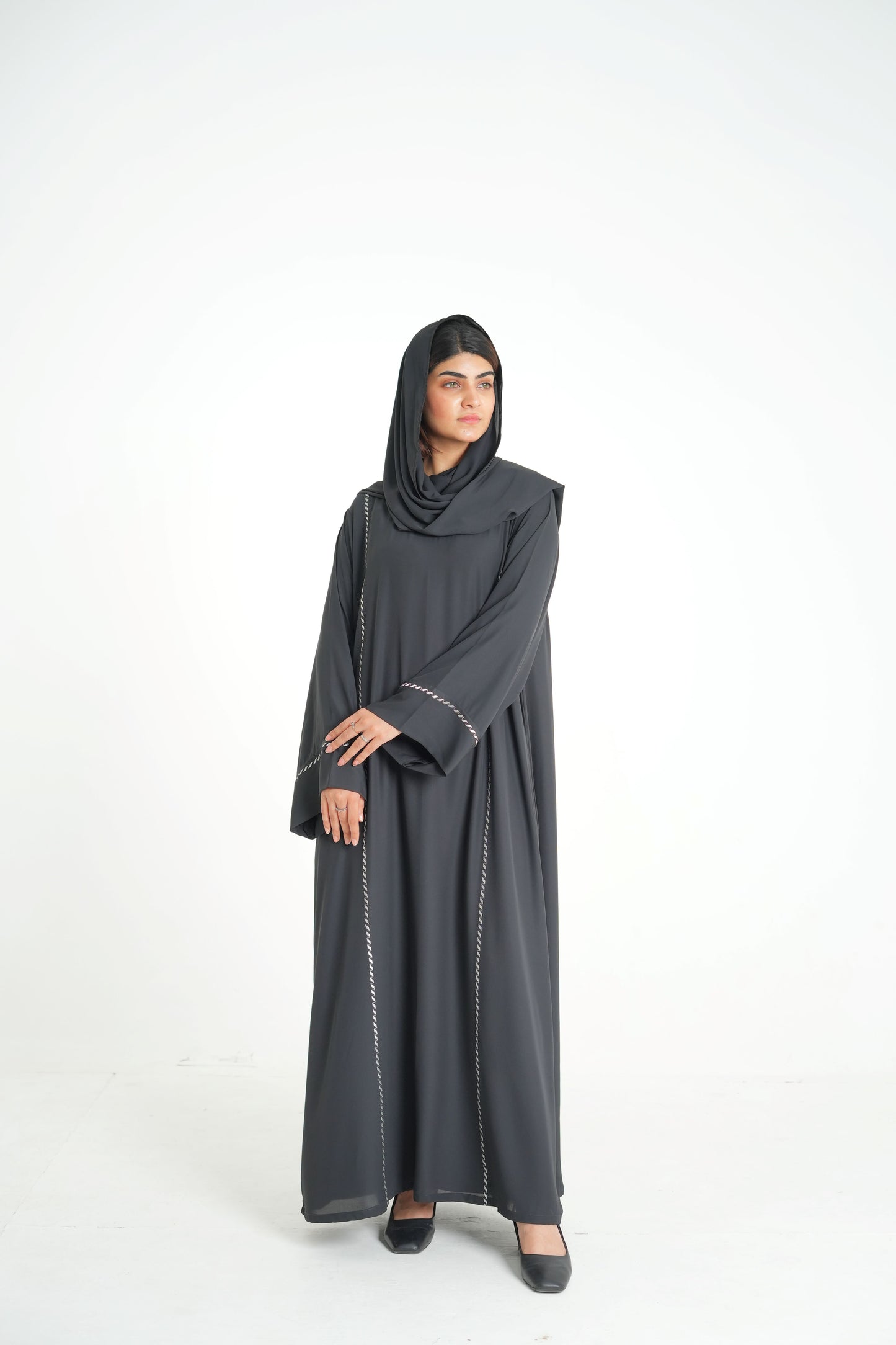 Noir Grace – Black Embroidered Abaya with Scarf (Korean Silk Georgette 2PC Set)