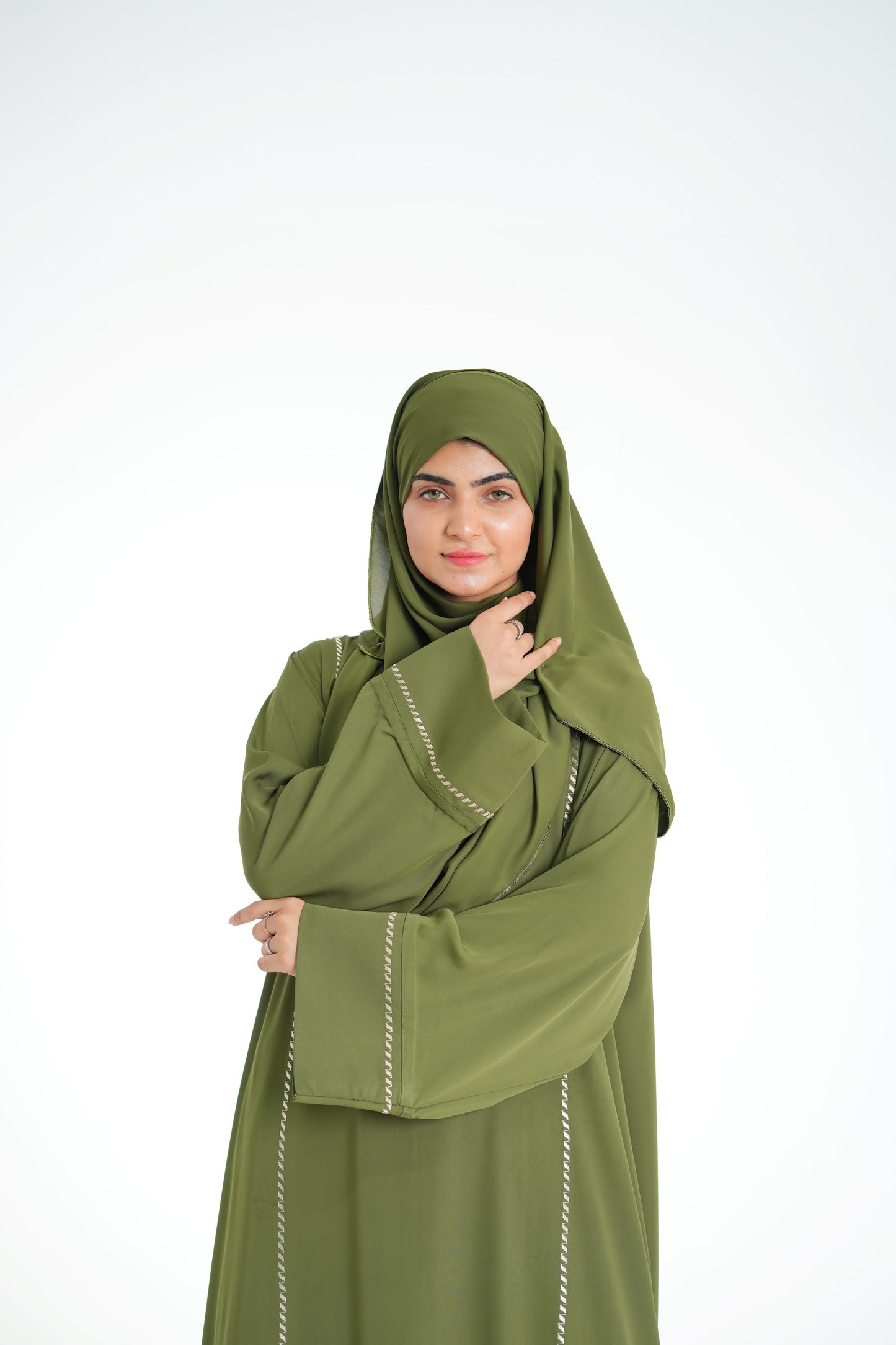 Olive Dusk – Olive Green Abaya with Off-White Embroidery (Korean Silk Georgette 2PC Set)
