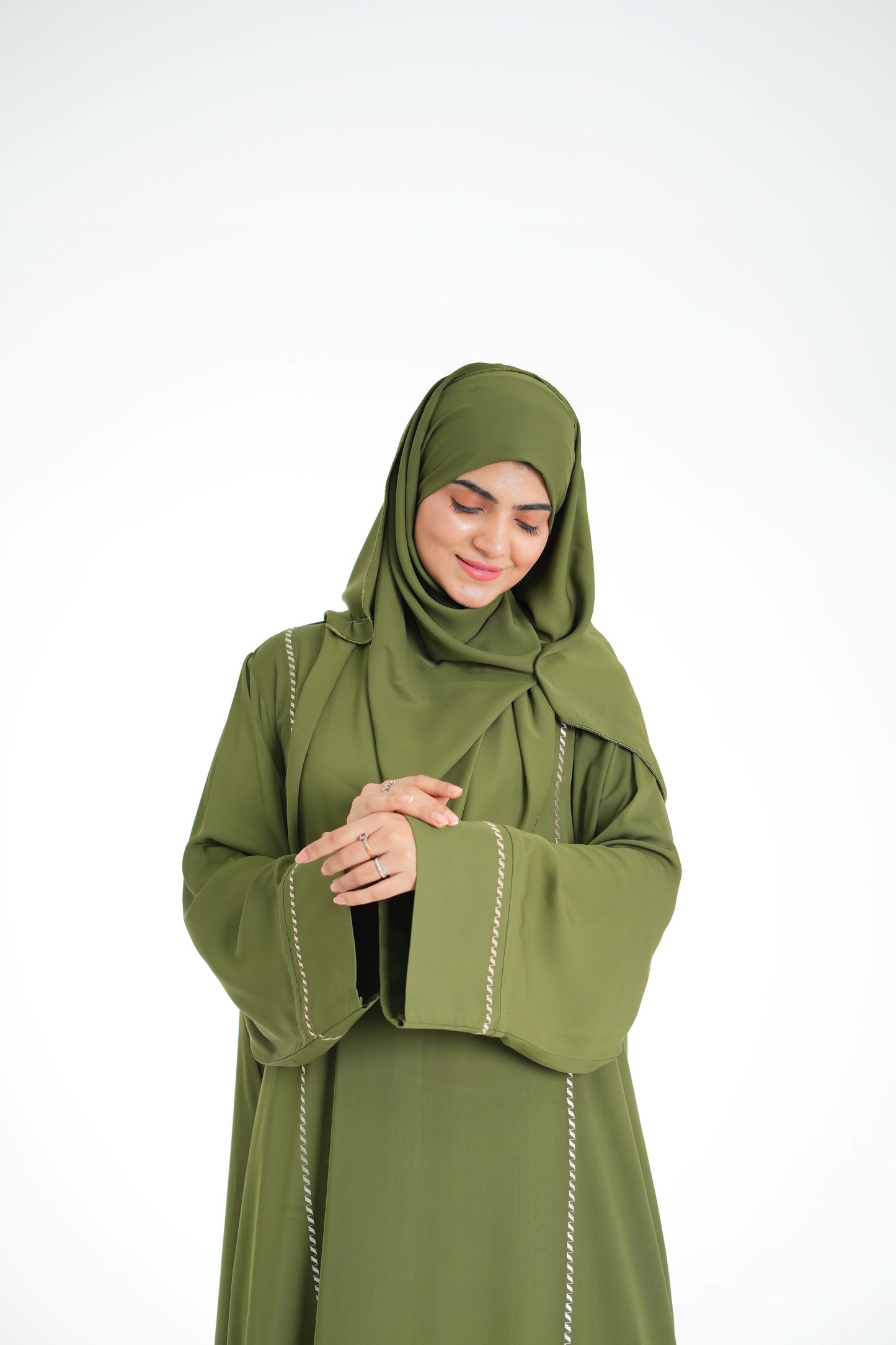 Olive Dusk – Olive Green Abaya with Off-White Embroidery (Korean Silk Georgette 2PC Set)