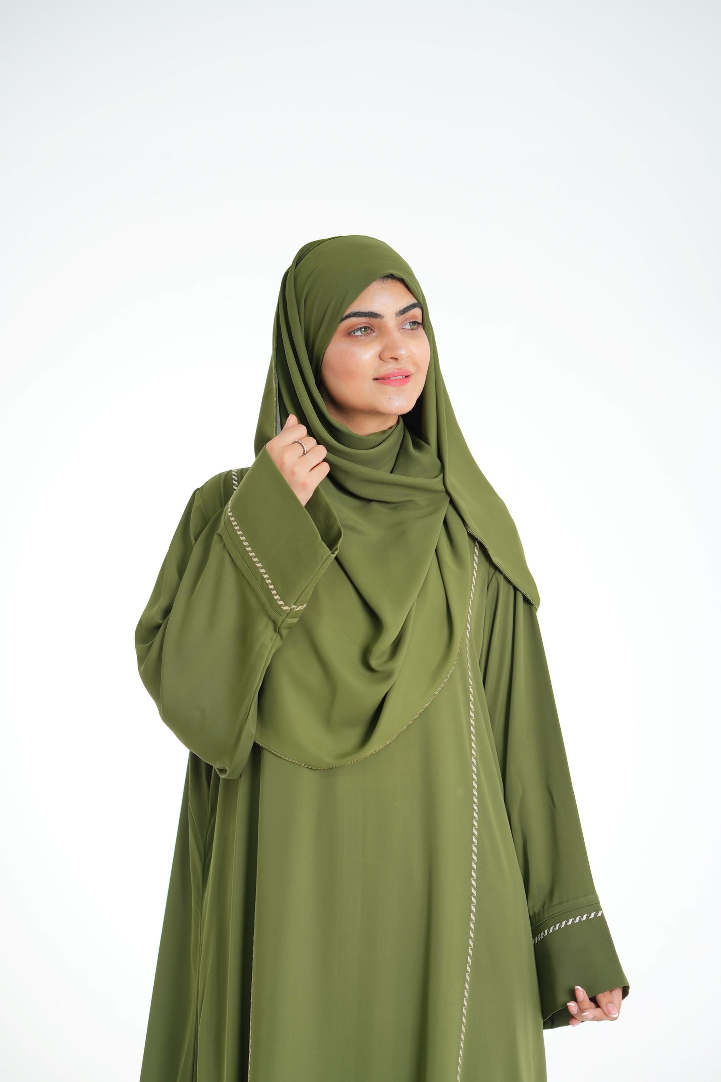 Olive Dusk – Olive Green Abaya with Off-White Embroidery (Korean Silk Georgette 2PC Set)