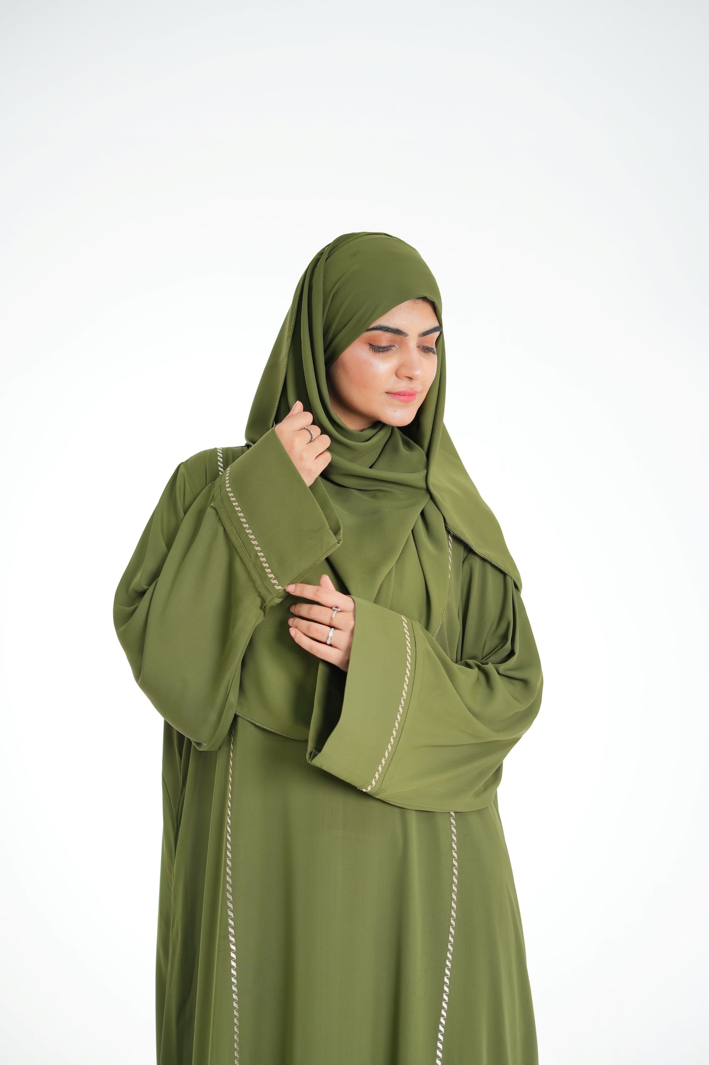 Olive Dusk – Olive Green Abaya with Off-White Embroidery (Korean Silk Georgette 2PC Set)