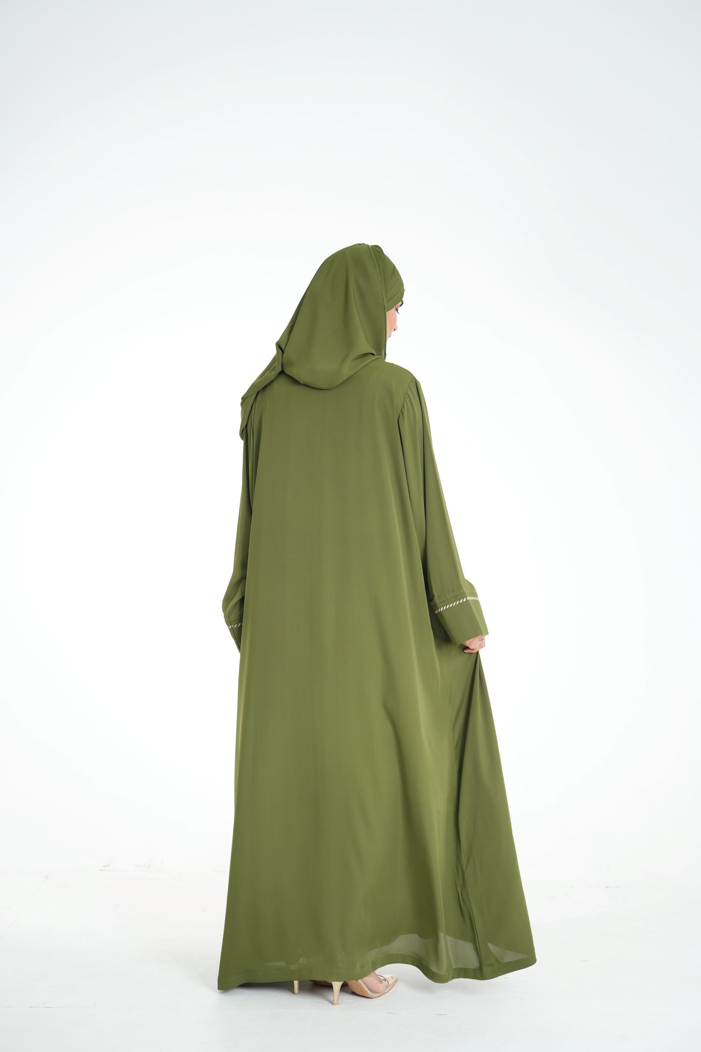 Olive Dusk – Olive Green Abaya with Off-White Embroidery (Korean Silk Georgette 2PC Set)
