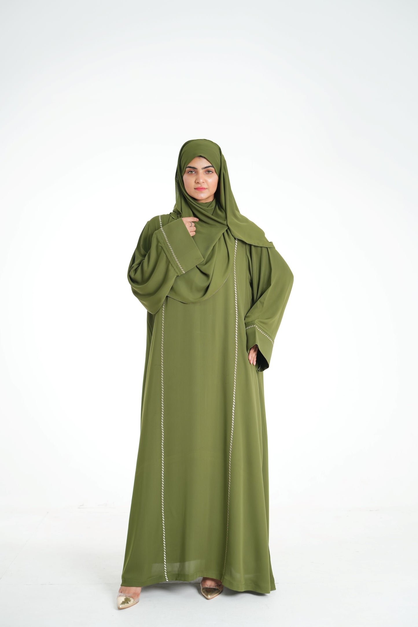 Olive Dusk – Olive Green Abaya with Off-White Embroidery (Korean Silk Georgette 2PC Set)