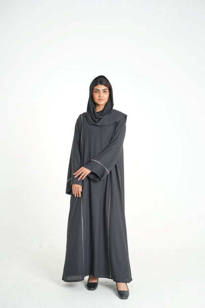Noir Grace – Black Embroidered Abaya with Scarf (Korean Silk Georgette 2PC Set)