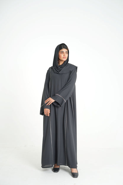 Noir Grace – Black Embroidered Abaya with Scarf (Korean Silk Georgette 2PC Set)