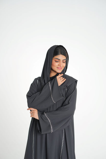 Noir Grace – Black Embroidered Abaya with Scarf (Korean Silk Georgette 2PC Set)