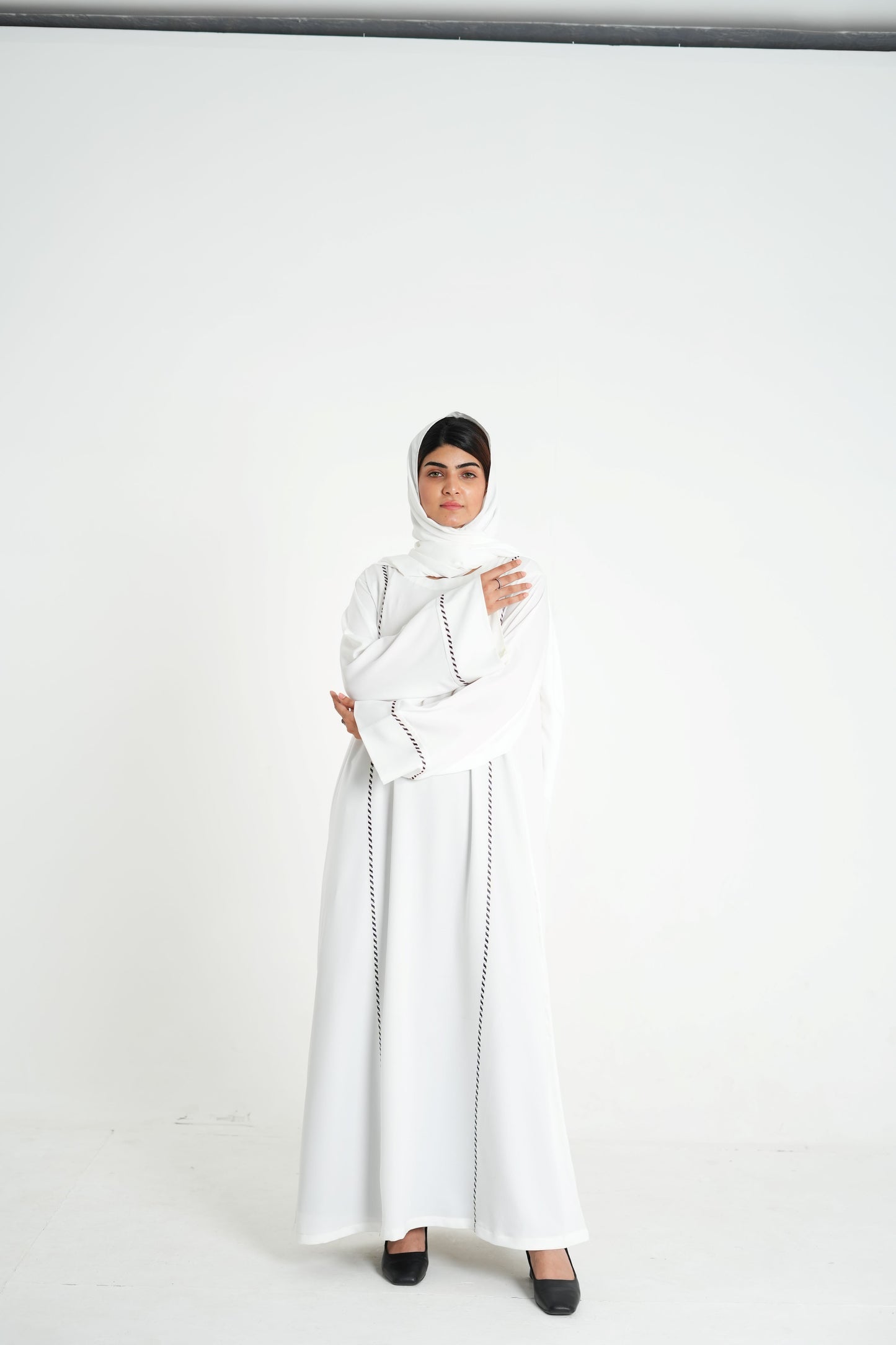Ivory Noir – Off-White Abaya with Black Embroidery (Korean Silk Georgette 2PC Set)