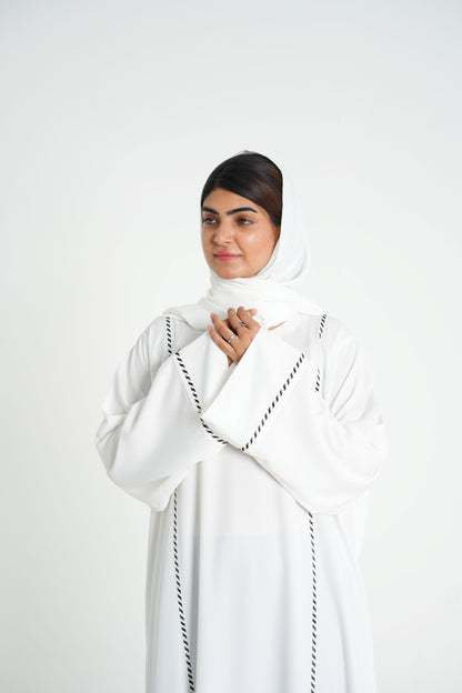 Ivory Noir – Off-White Abaya with Black Embroidery (Korean Silk Georgette 2PC Set)