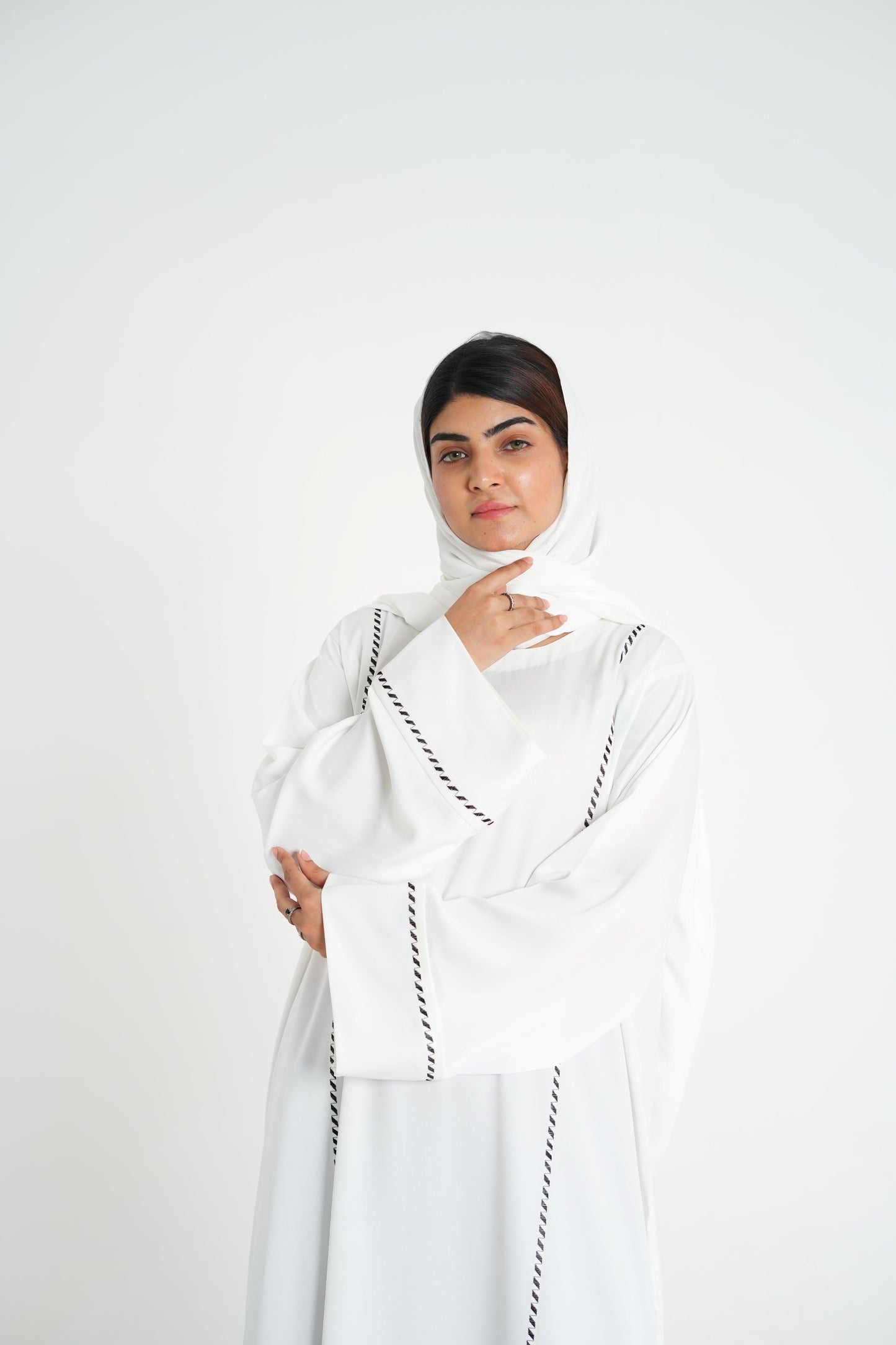 Ivory Noir – Off-White Abaya with Black Embroidery (Korean Silk Georgette 2PC Set)