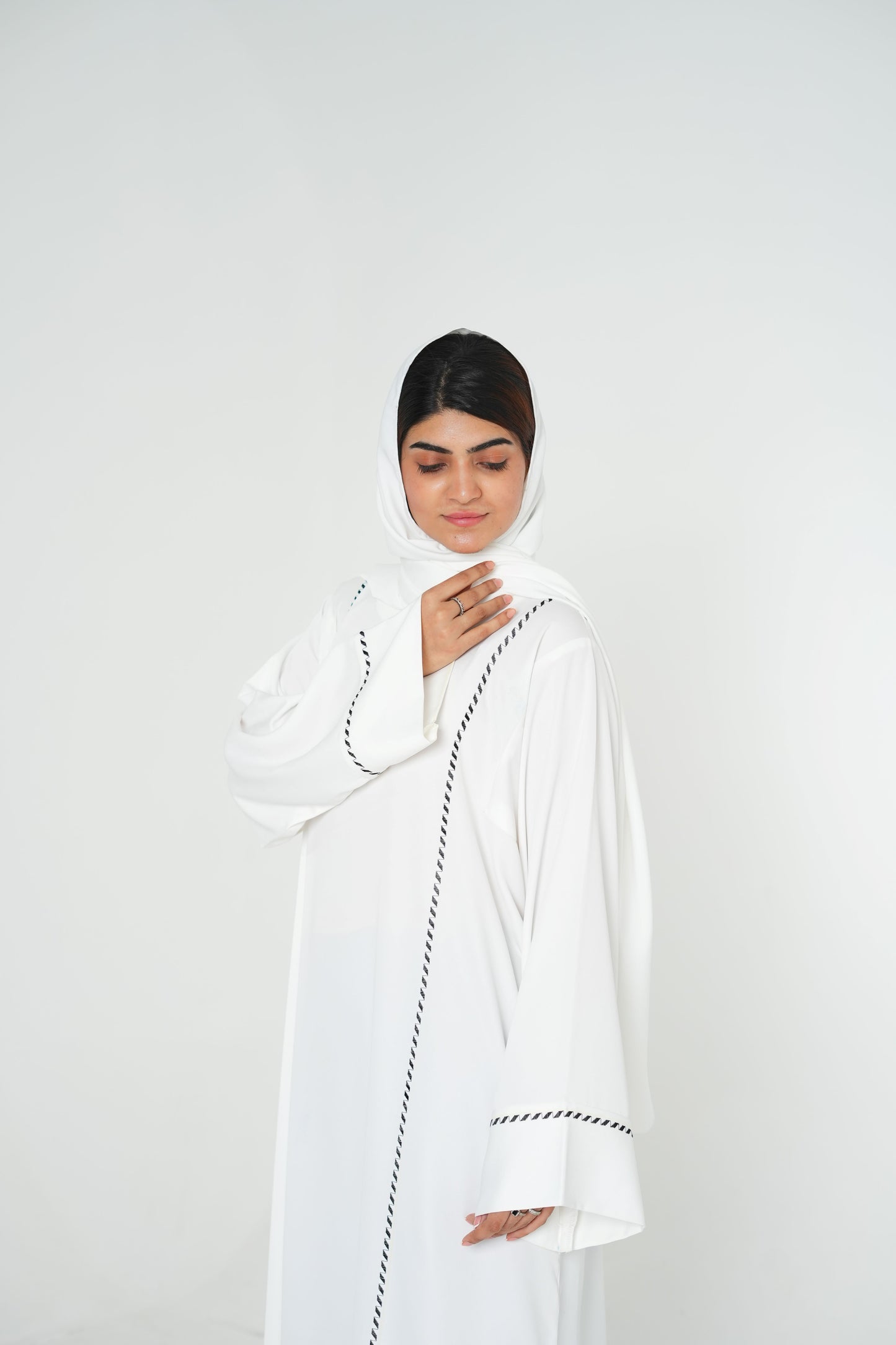 Ivory Noir – Off-White Abaya with Black Embroidery (Korean Silk Georgette 2PC Set)