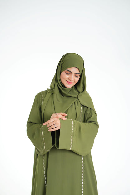 Olive Dusk – Olive Green Abaya with Off-White Embroidery (Korean Silk Georgette 2PC Set)