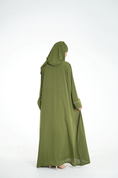 Olive Dusk – Olive Green Abaya with Off-White Embroidery (Korean Silk Georgette 2PC Set)
