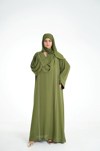 Olive Dusk – Olive Green Abaya with Off-White Embroidery (Korean Silk Georgette 2PC Set)