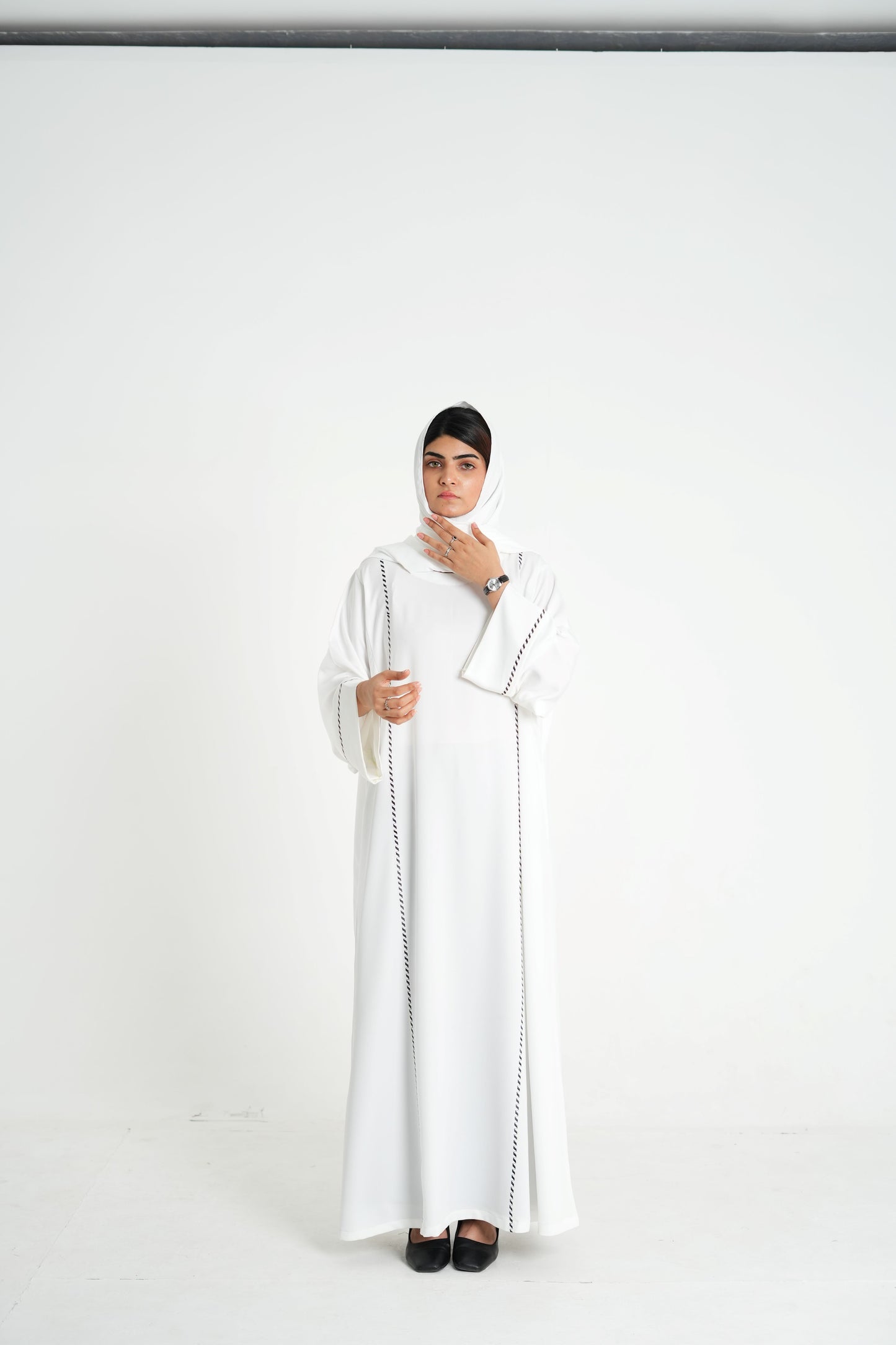 Ivory Noir – Off-White Abaya with Black Embroidery (Korean Silk Georgette 2PC Set)