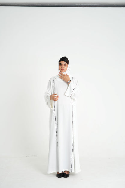 Ivory Noir – Off-White Abaya with Black Embroidery (Korean Silk Georgette 2PC Set)